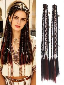 2pcs Handmade Bohemian Style 20 Inch Clip-In Hair Extensions, Bohemian Dreadlock Style, With Daily Wear Beads And Exquisite Accessories, With Claw Clips,Halloween - Multicolor - View 10