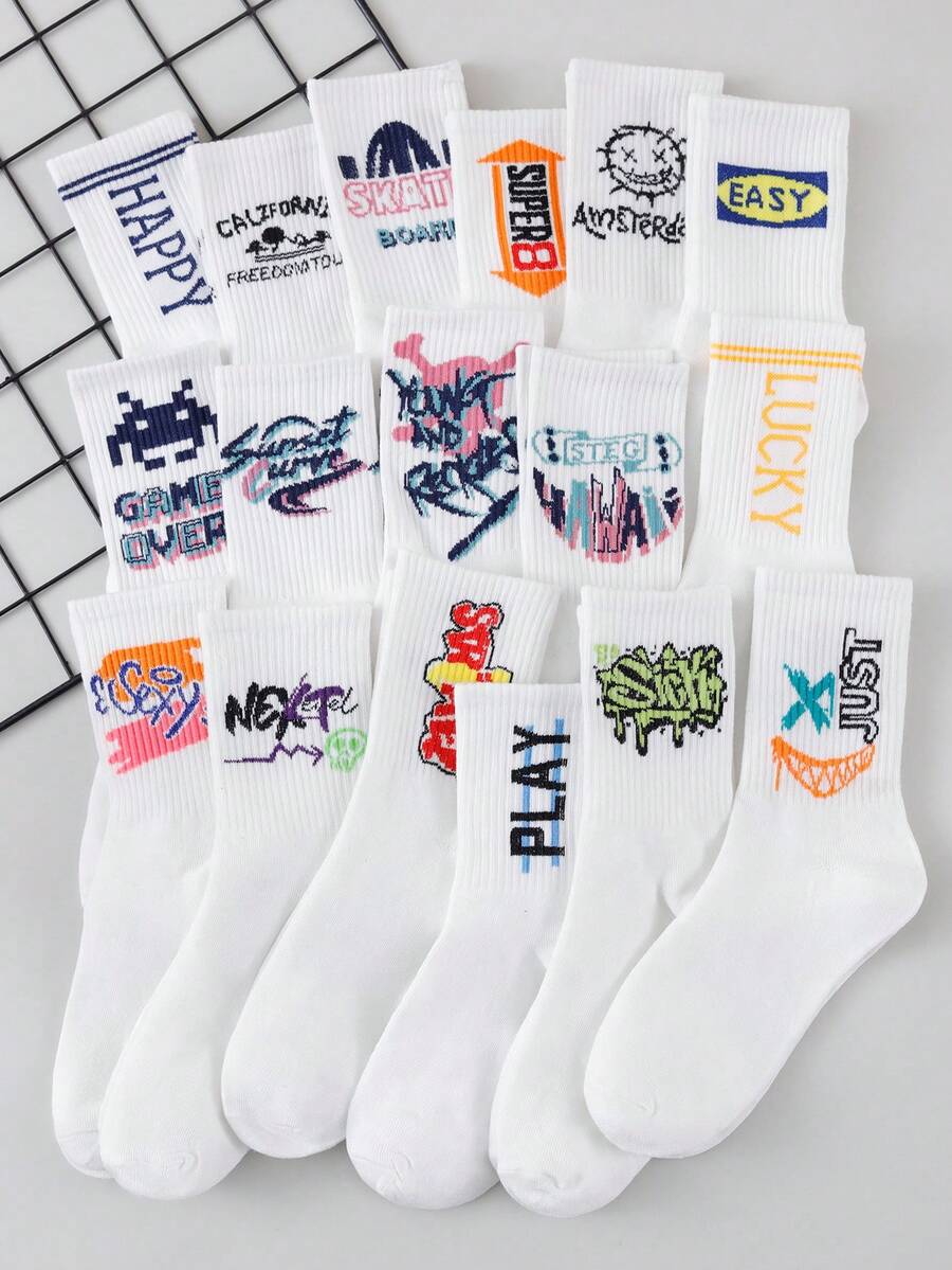 1/5 Pairs Random Men's White Graffiti Letter Mid-Calf Socks, Cool Multi-Slogan Print Breathable Skateboard Socks For Men And Women - Multicolor - View 1
