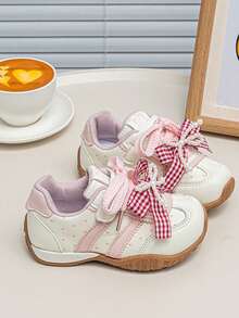 1 Pair Girls' Gentle Style Casual Shoes, Delicate Plaid Bow, Suitable For School Activities And Family Outings - Pink - View 2