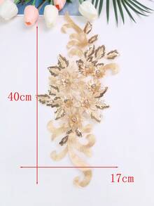 XDH2490 3D刺繡貼花配珠飾，適用婚紗、禮服、網紗蕾絲DIY表演服裝刺繡補丁，長39CM/寬16CM - 亮金色 - 查看 5