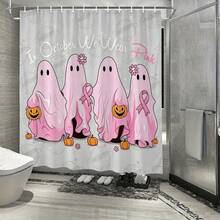 1pc Light Pink Ghost Halloween Shower Curtain - Suitable For Bathroom Decor, Bathroom Curtain - Easy To Clean, Exquisite Home Decor, Bathroom Partition Curtain, Decorative Shower Curtain, Bathroom Accessories Home Decor Gift - Includes 12 Hooks - Multicolor - View 2