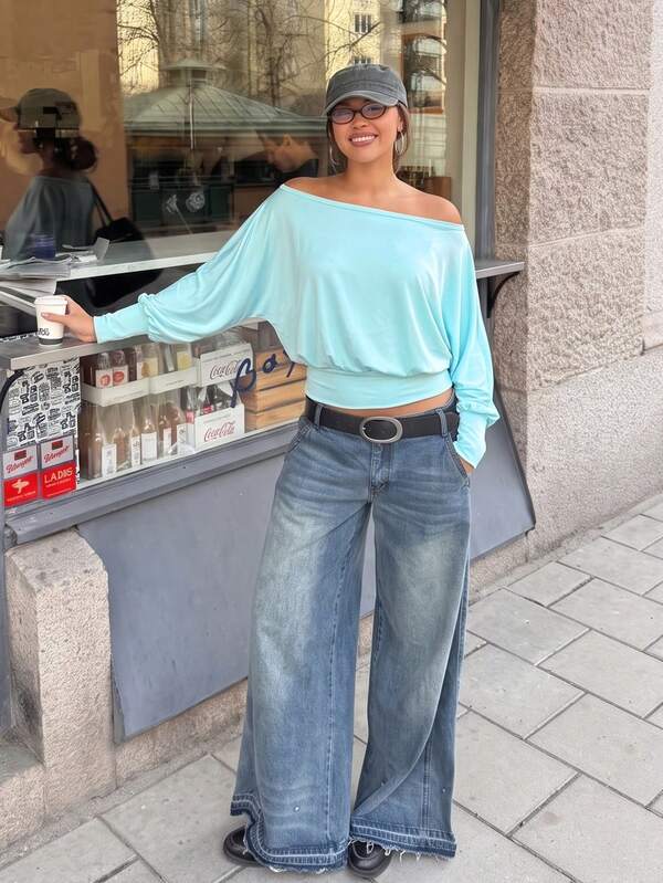 Women's Spring/Autumn Mint Blue New Asymmetric Open Shoulder Loose Fit Slim Waist Batwing Dolman Long Sleeve T-Shirt, Elegant Fashion, Daily Commute, Casual Outing
