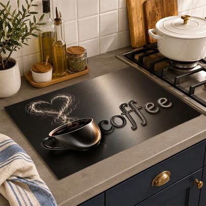 1pc Black Coffee Cup Heart Steam Pattern Kitchen Dish Drying Mat, Coffee Theme Tableware Cup Plate Drying Pad, Sink Countertop Mat, Coffee Machine Under Pad, Dishwashing Area Countertop Decor Mat, Suitable For Home Kitchen, Coffee Bar, Restaurant, Apartment Daily Use