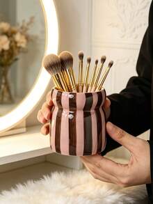 可愛陶瓷化妝刷架，彩色條紋化妝刷收納盒，梳妝台美學美妝收納杯，韓式化妝工具收納桶，現代居家裝飾，適用臥室、浴室、梳妝台 - 彩色 - 查看 11