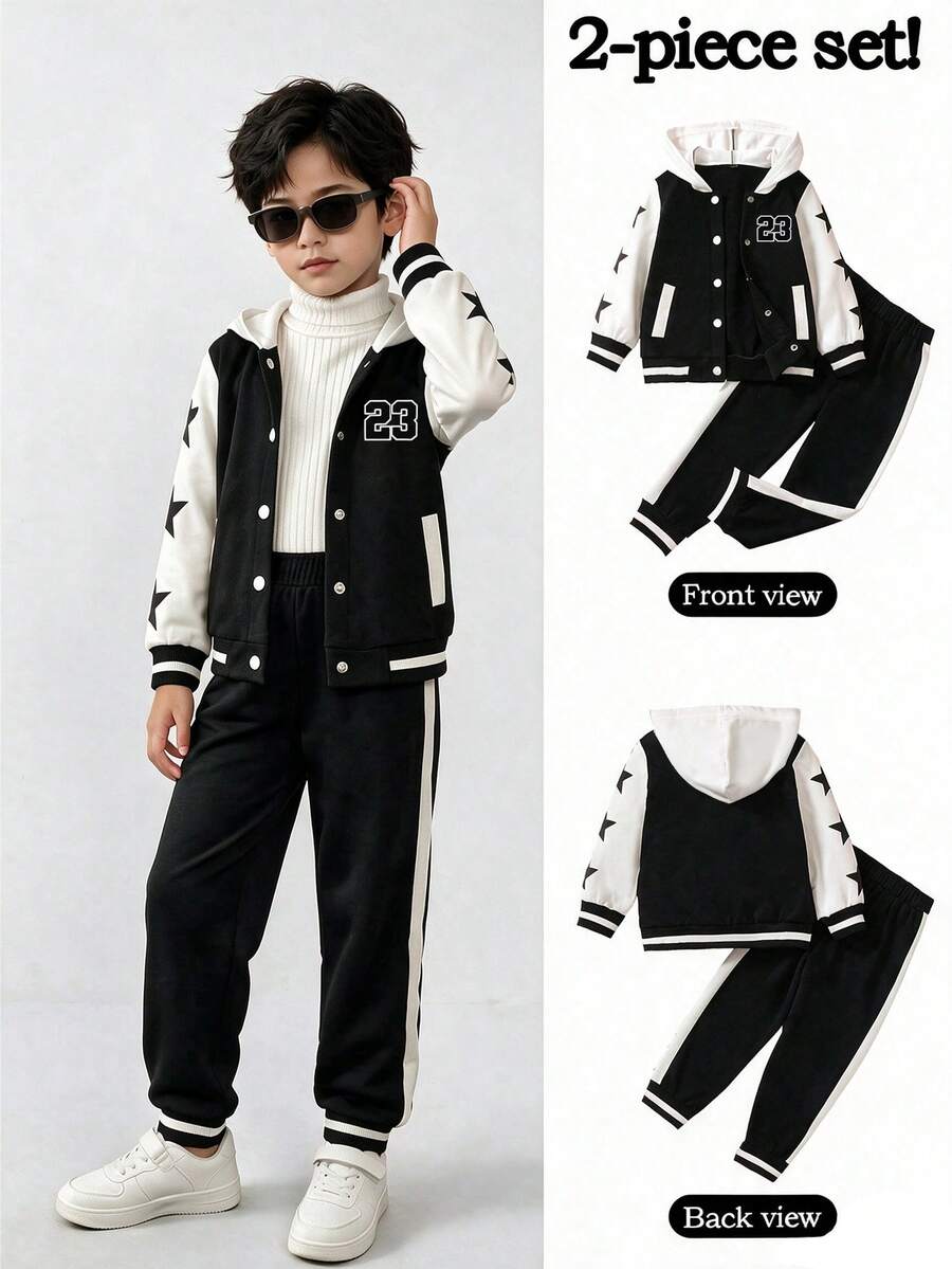 Tween Boys Contrast Color Star Print Hoodie And Sweatpants - Black - View 1