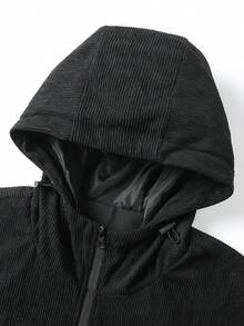 1件男士純色拼接連帽夾克，燈芯絨拼接設計，雙鈕扣抽繩帽，全開襟黑色拉鍊，都市街頭風 - 黑色 - 查看 5