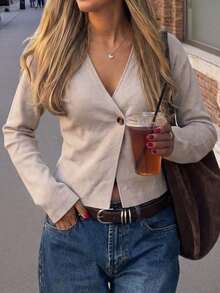 Women's Autumn Long Sleeve Button Front Cardigan - Oatmeal - View 7