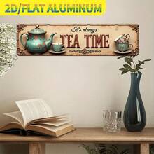 لوحة حائط مسطحة الأبعاد قطعة واحدة بتصميم عتيق "Always Tea Time" - ديكور موضوع الشاي الريفي مع نمط الزهور وفنجان الشاي، مناسب للمنزل والمطبخ والحديقة (أسلوب عشوائي) - A - مشاهدة 4