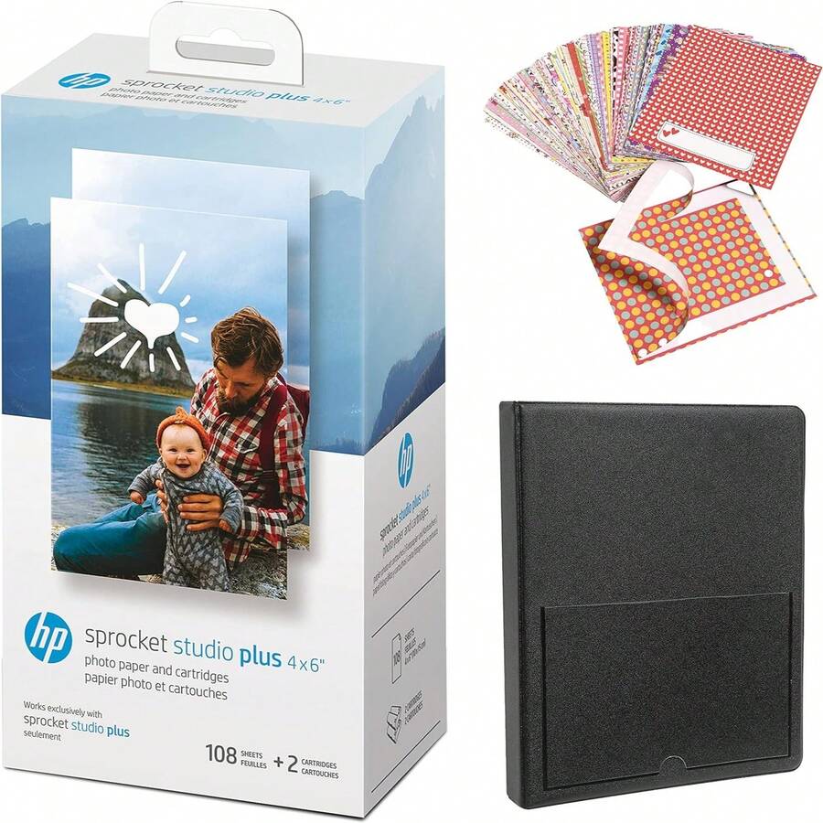 HP Sprocket Studio Plus 4x6 Photo Paper Bundle 108 Sheets, 2 Cartridges, Album, Sticker Frames - 100 Sheets - View 1