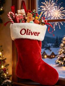 Custom Embroidered Name Christmas Stockings, Personalized Soft Red Plush With Thick White Cuff, Large Capacity Monogrammed Hanging Holiday Decor - Multicolor - View 4
