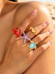 1pc/4pcs Crab Seahorse Starfish Turtle Shaped Bohemian Vacation Style Red Purple Blue Orange Drip Oil 3D Textured Gold Metal Marine Creature Rings For Daily Wear, Party, Music Festival, Street Style, Beach, Seaside, Bikini, Elegant And Exquisite Women's Rings - Marine Life - View 7