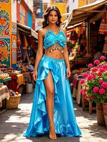 V Neck Halter Multi-Layer Coin Pendant Crop Top Glossy Satin Asymmetric Side Slit Dance Maxi Skirt (Multiple Colors Available) - Multicolor - View 4