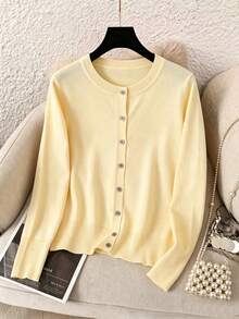 GIGOGOU Plus Size 1XL-4XL Spring/Autumn Basic Round Neck Women's Knit Cardigan, Soft Casual Long Sleeve Top Outerwear, Suitable For Layering Yellow Fall - Yellow - View 3