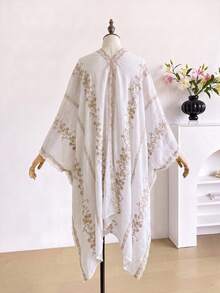 1件優雅花卉刺繡開襟和服式圍裙，波希米亞風春夏海灘罩衫，防曬裝飾刺繡女款開襟衫，適合日常穿著，完美禮物選擇 - 白色 - 查看 4