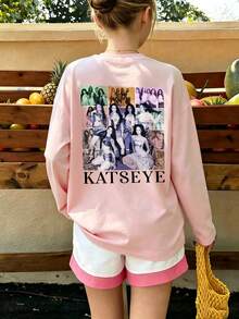 Girls Vintage Band Photo Back Print Long Sleeve Tee, Music Fan Graphic Casual Fall Top - Pink - View 2