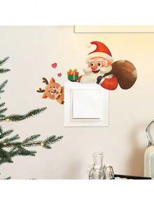 Santa Claus And Reindeer Rudolph Pattern Light Switch Wall Sticker, Gift Bag Heart Decoration Cute Christmas Socket Sticker, Removable Self-Adhesive Christmas Wall Decal, Suitable For Bedroom Kitchen Switch Panel - Santa Claus and Rudolph the Reindeer - View 2