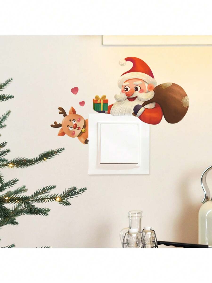 Santa Claus And Reindeer Rudolph Pattern Light Switch Wall Sticker, Gift Bag Heart Decoration Cute Christmas Socket Sticker, Removable Self-Adhesive Christmas Wall Decal, Suitable For Bedroom Kitchen Switch Panel