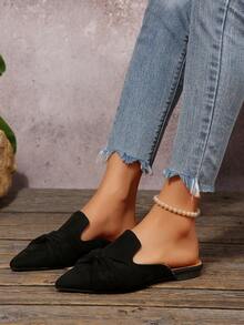 Black Pointed Toe Half-Back Mule Shoes Women's Flat Loafers With Integrated Flower Bow Design, Suede Leather, Spring/Autumn, Elegant Versatile Closed Toe No Back Design Flat Shoes - Black - View 2
