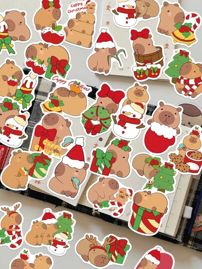 50pcs Christmas Capybara Stickers For Decorating Planner, Diary, Scrapbook, Notebook, Luggage, Guitar, Black And White Laptop, Tablet, Water Bottle, Phone, Christmas Gift Decoration