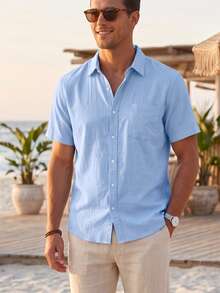 Hawaiian Style Linen Loose Casual Men's Henley Collar Lapel Pocket Solid Color Short Sleeve Shirt Cardigan - Baby Blue - View 2