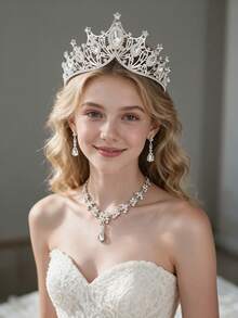 4pcs Elegant Rhinestone Queen Crown Necklace Earrings Set, Bridal Wedding Crown Hair Accessories, Women Party Occasion Jewelry Decoration - HG057-TL150 - 查看 4