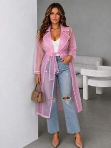 ChicMe Women's Sheer Mesh Long Sleeve Tie Front Button Down Long Trench Coat, Outdoor Wear - Baby Pink - View 4
