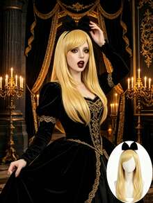 Soft Straw Blonde Silky Mid-Part Wig Heat Resistant Hair Ideal For Luxury Palace Masquerade Fantasy Princess Costume Cosplay Wig - Gold - View 1