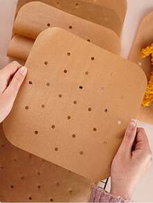 100/200/300pcs Perforated Air Fryer Oil-Absorbing Baking Paper, Non-Stick Silicone Baking Mat Air Fryer Liner Paper, Air Fryer Kitchen Accessories Cookware - Wood Color - View 4