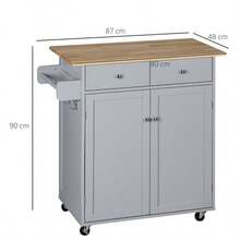 Rolling Kitchen Island On Wheels, Utility Serving Cart With Rubber Wood Top, Towel Rack, Hooks And Storage Drawers, Grey - Multicolor - View 3