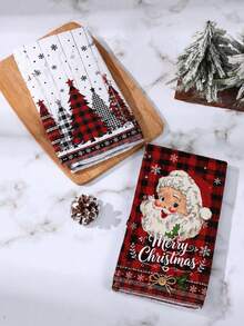 4 toallas de cocina navideñas (2 de mano 2 de baño) con diseño festivo: Papá Noel y árbol de Navidad estampados en frente, combinación clásica de cuadros rojos y negros en el reverso.Hechas en algodón suave y absorbente (380 gm²), ideales para uso diario en cocina, baño o como paños multiusos.Perfectas para limp - Caqui - Ver 4