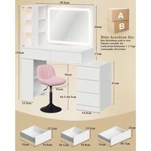 Devoko Vanity Table With LED Mirror, Dressing Table With 5 Drawers, 3 Illuminated Display Cabinets, Open Shelves, Bag Storage, Power Panel, And Selectable Chair Combination, White - 查看 11