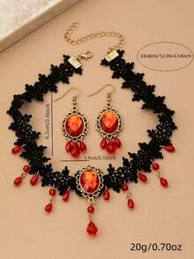 1pc Necklace + 2pcs Earrings Halloween Minimalist Elegant Gothic Hollow Lace Water Drop Tassel Women Jewelry, Suitable For Halloween Party, Banquet And Daily Wear - Cut-out Lace Teardrop Tassel Set - View 3