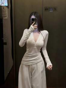 女款修身貼身透氣柔軟長袖上衣，秋冬白色 - 白色 - 查看 4