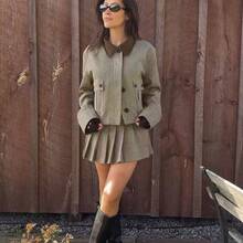 Women's Short Plaid Jacket, Long Sleeve Lapel Button Front Jacket With Collar And Pockets, Autumn - Multicolor - View 10