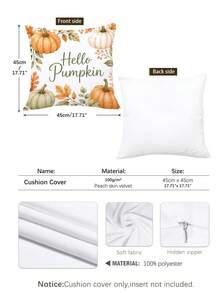 Autumn Watercolor Pumpkin & Floral Cushion Covers 4pcs Set, Single-Sided Printed Peach Skin Velvet Polyester Material, 45*45CM Throw Pillow Covers For Modern Fabric Sofa Indoor Decor, Party Decoration, Gift Giving - Multicolor - View 3