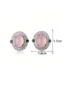 1 Pair New Fresh Cute Sweet Pink Cubic Zirconia Oval Stud Earrings Suitable For Women's Daily Wear - Silver - View 5
