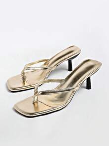 Sandal Hak Tinggi Wanita Model Baru Musim Semi/Panas 2025, Bahan Suede Cokelat, Ujung Bulat, Hak Tebal, Ujung Terbuka, Hak Kitten, Sandal Jepit - Emas - View 10