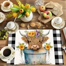 1pc/4pcs/6pcs Highland Cow Pattern Printed Linen Placemats, Rectangular Table Mats, Washable, Easy To Clean, Plate Mats, Bowl Mats, Western Style Placemats, Suitable For Kitchen, Dining Room, Family Gatherings, Coffee Table And Daily Table Decoration - Multicolor - View 6