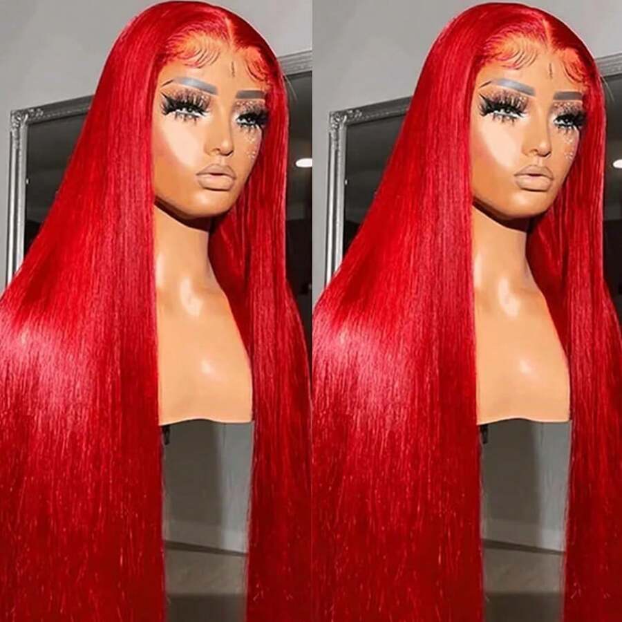 13x4 Free Part Mint Green Long Straight Lace Front Wigs Glueless Long Silky Straight Wigs Pre Plucked HD Lace 180% Density Light Green Wig Soft Free Part Wear And Go Lace Front Wigs For Fashion Women Party & Daily Wear 26 Inch - 紅色 - 查看 1