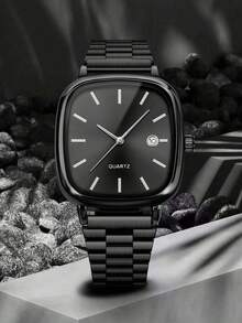 4-Piece Fashion Business Casual Men's Watch Set, Large Square Dial Steel Band Quartz Watch, Paired With Personalized Chain Bracelet, Cross Pendant Necklace And Ring. Complete Accessory Set, Perfect Gift For Holidays, Business Occasions, Parties And Daily Wear - Black - View 4
