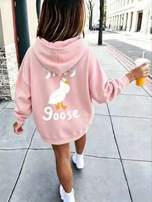 Tween Girls Pullover Hoodie, Silly Goose Cute Duck Back Graphic Print, Fall Winter Casual Daily Tops - Pink - View 1