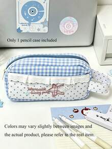 1pc Blue Plaid Lace Pencil Case, Star Embroidery Polka Dot Print Stationery Bag, Large Capacity Cute Pencil Pouch, Student Back T, First Day Of School - Multicolor - View 11