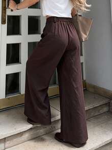 Women's Elegant Brown Woven Wide Leg Pants, Pleated Design, Long Cut, Non-Stretch Fabric, Loose And Comfortable - Rust Brown - View 2