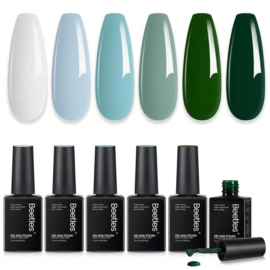 Beetles 6 Colors Green Gel Polish Set, Misty Forest Fall Gel Nail Polish, Gray Blue Green Shades, Soak Off UV LED - 6 Colors Green Gel Polish Set - 查看 1