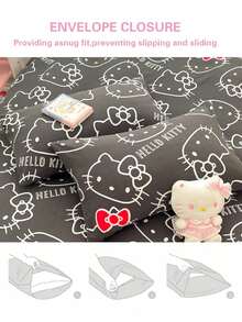 Sanrio 2/3件組 Hello Kitty 床上用品套裝，可愛卡通印花床單套件，床墊保護墊、床罩、床單，舒適家居紡織品，透氣防起球床墊保護墊，家居裝飾，適用所有床尺寸－雙人床、全尺寸床、加大床、特大床，四季通用，防塵床罩，可機洗 - 黑白KT - 查看 7