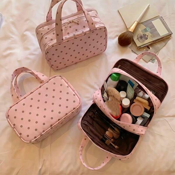 1pc Polka Dot Portable Makeup Bag, PU Material, Large Capacity Layered Design, Three-Layer Compartment Design, Can Be Hung On Luggage, Multiple Mesh Pockets Inside For Easy Storage And Organization, Travel Toiletry Bag, Storage Bag, With Sturdy Handle, Women's Portable Makeup Bag