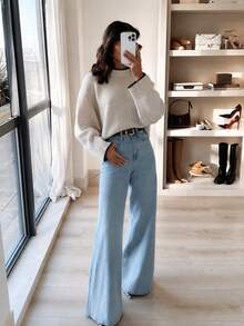 Women's Elegant Elegant Fashion Pullover Sweater, Ribbed Knit Long Sleeve, Suitable For Autumn/Winter Outfit, Contrast Color Knit Top - Grey - View 2