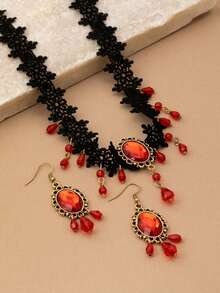 1pc Necklace + 2pcs Earrings Halloween Minimalist Elegant Gothic Hollow Lace Water Drop Tassel Women Jewelry, Suitable For Halloween Party, Banquet And Daily Wear - Cut-out Lace Teardrop Tassel Set - View 5