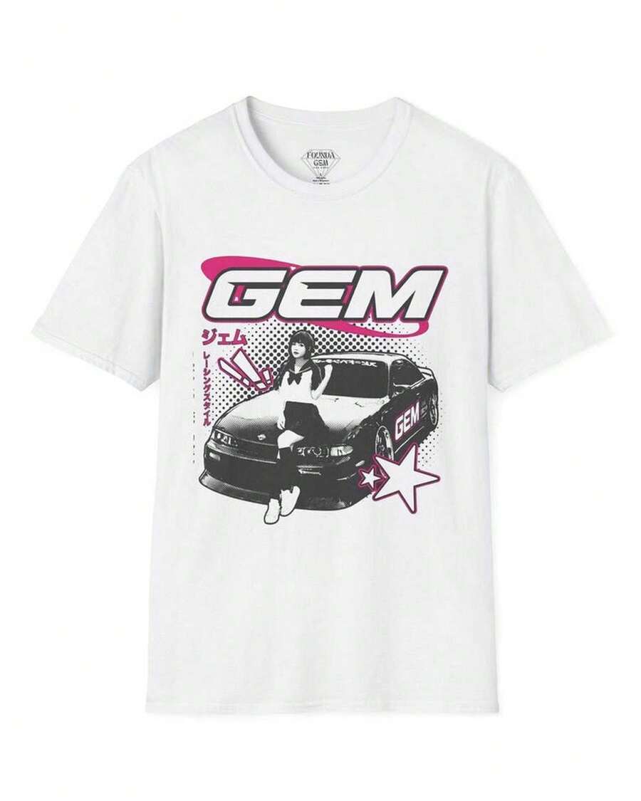 GEM Vintage JDM Car Pattern T-Shirt| Anime Girl Racing T-Shirt - White - View 1