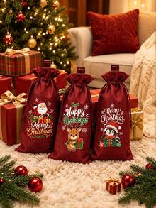 1/2/6/8pcs Christmas Wine Bags, 8 Assorted Colors Wine Gift Bags, 30x35cm Red Linen Texture Gift Bags, Santa Claus, Snowman, Reindeer, Penguin Pattern Holiday Gift Bags - Multicolor - View 2